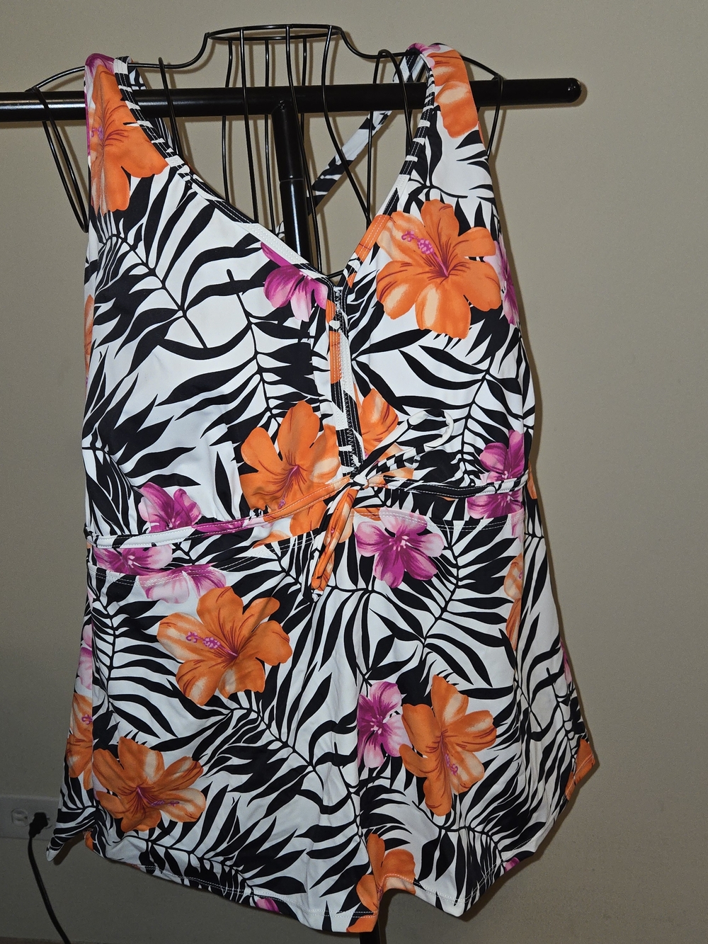 Jessica London Tropical Floral Halter Tankini with Orange & Pink Blooms 28W